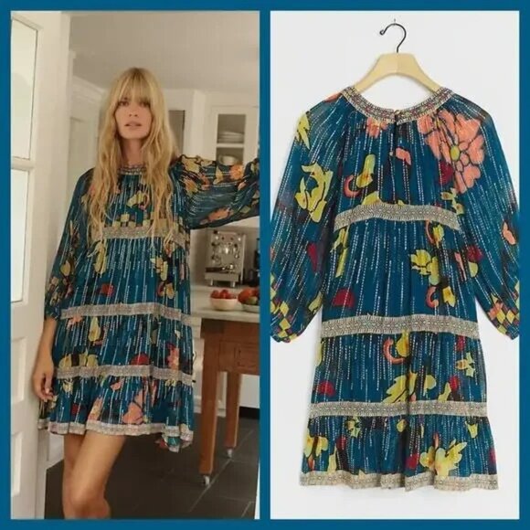 Anthropologie Verb Pallavi Singhee Eulalia Shimmer Tunic Dress Blue Floral 2 S - Picture 10 of 10